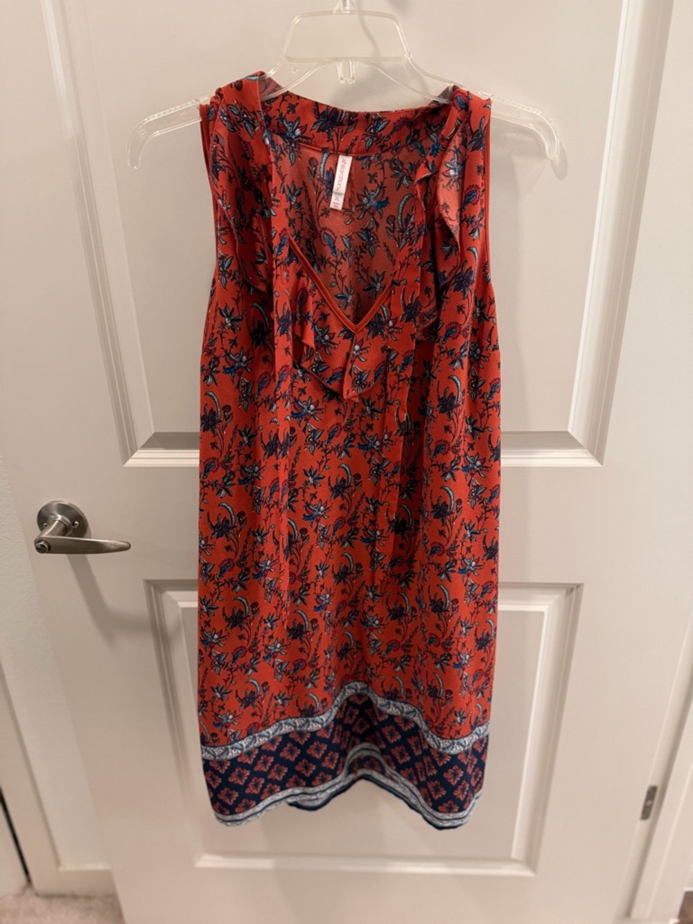 Xhilaration Red Floral V-Neck Midi Dress with Blue Border